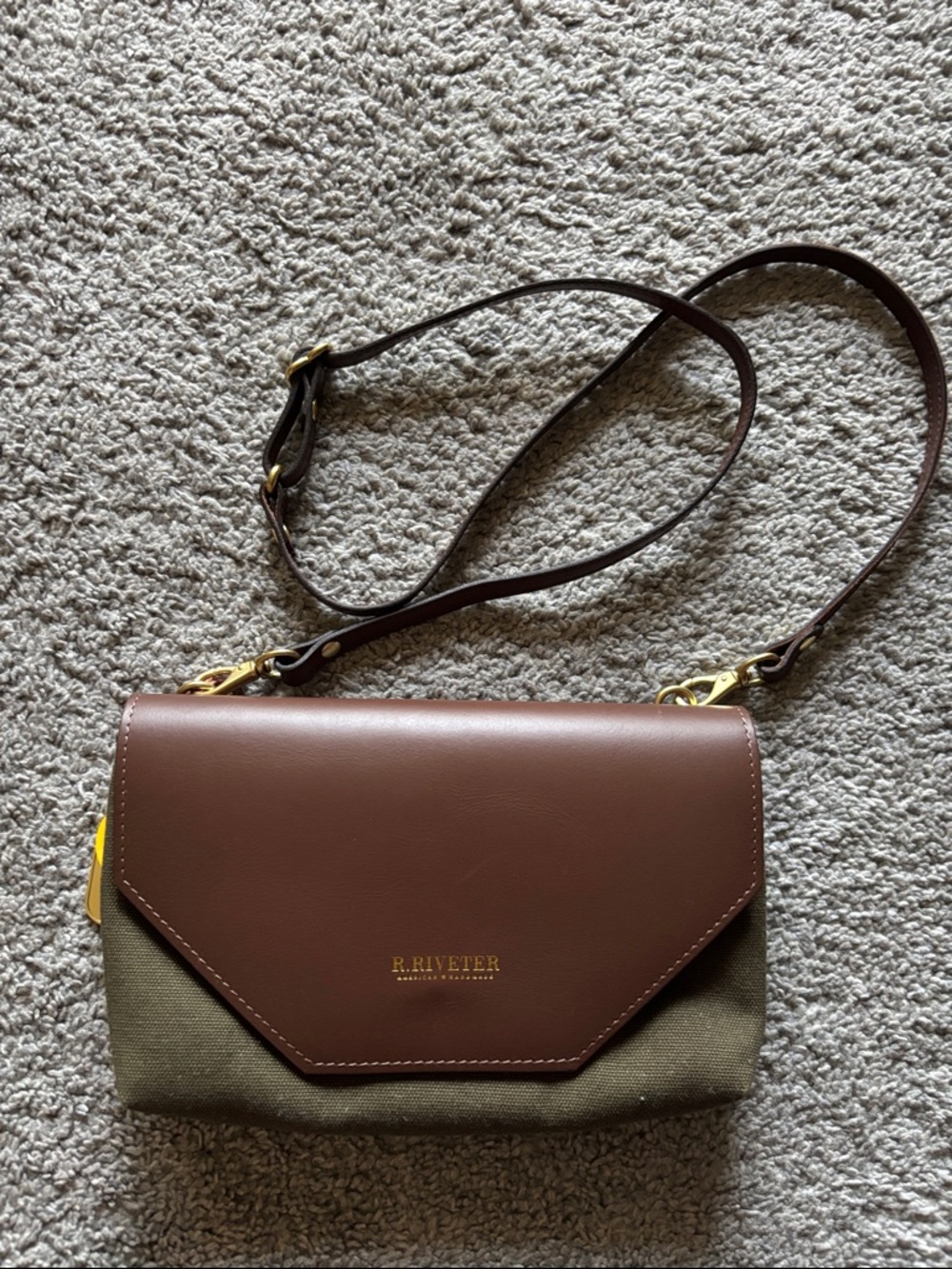 R. Riveter Brown Leather & Green Canvas Crossbody Bag
